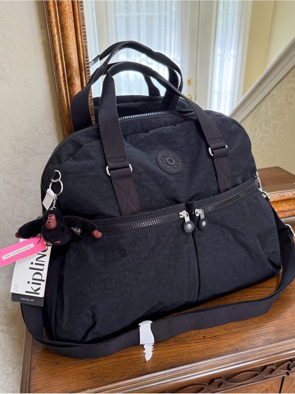 Kipling Black Travel Duffel Travel or gym bag with Detachable Strap.